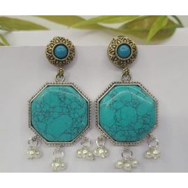 Brass Silver Oxidised Turq Doul Tone Earring 